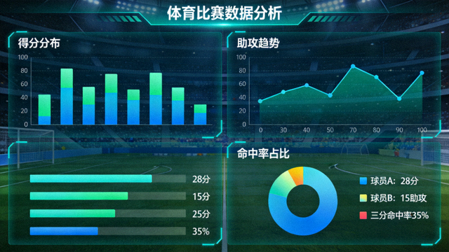 体育数据分析界面示意，包含统计图表与比赛指标