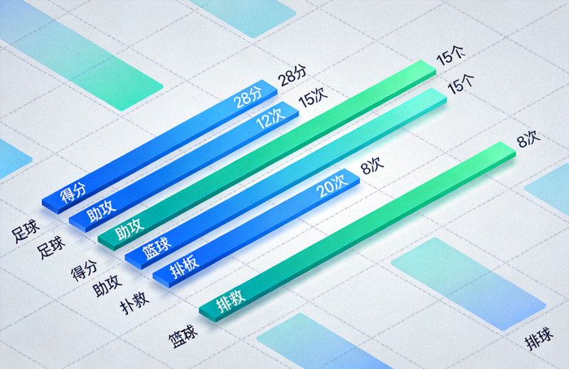 体育数据可视化看板示意图，包含柱状图与多项比赛统计指标