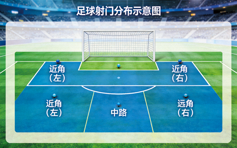 足球射门分布示意图，球门前不同区域的射门标注